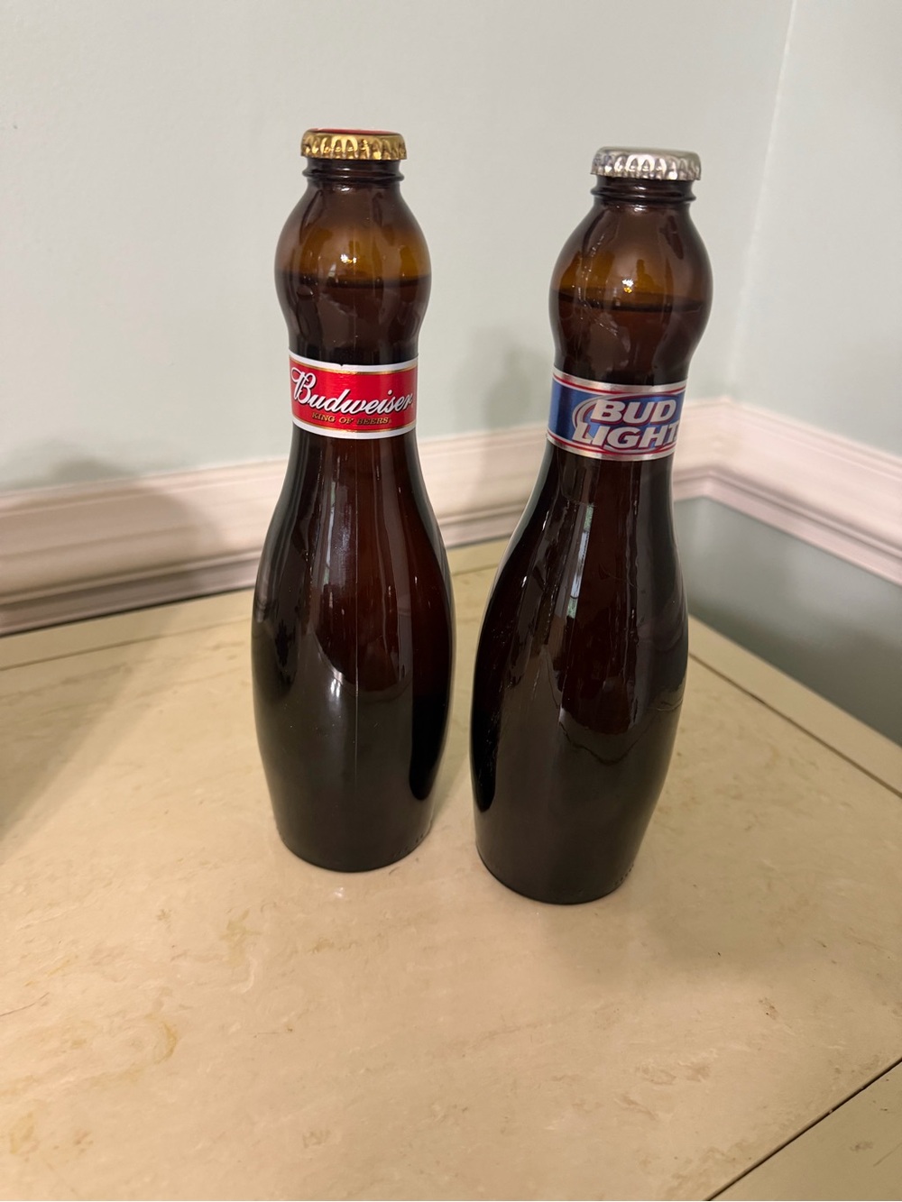 1990’s Bowling Ball Budweiser Bottles Unopened. 1 Budweiser & 1 Budweiser Light